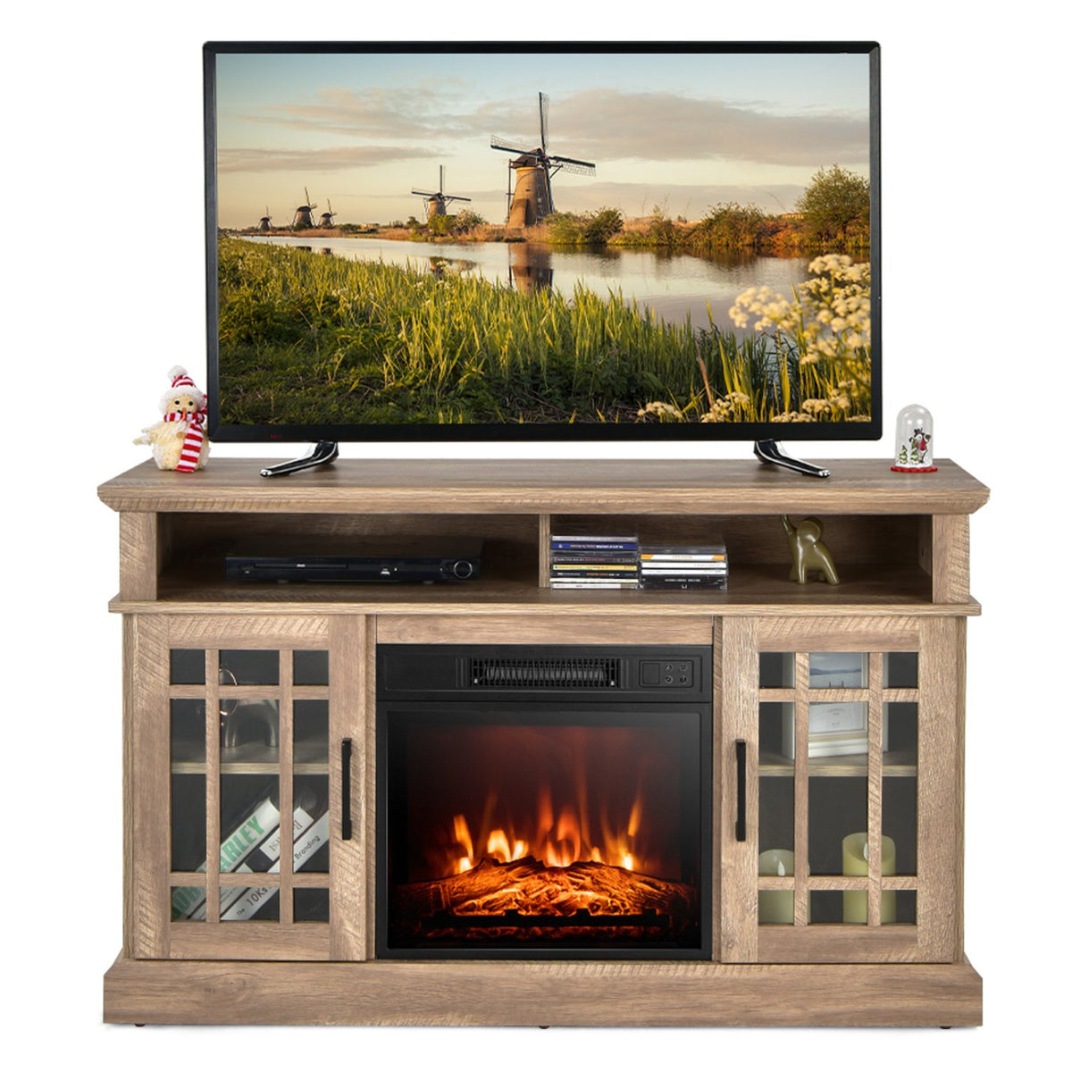 48 Inch Electric Fireplace TV Stand with Cabinets for TVs Up to 55 Inch-Natural view 4
