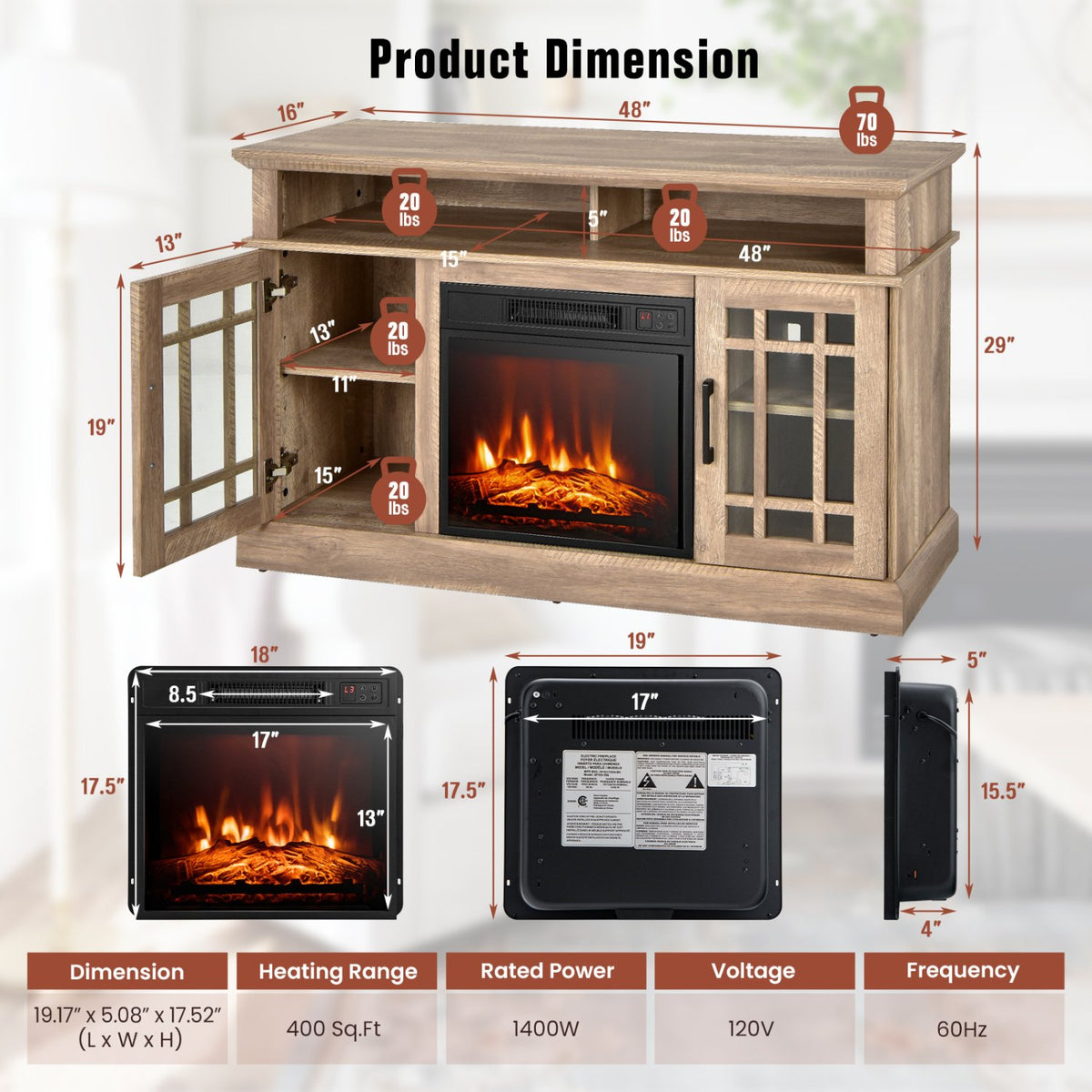 48 Inch Electric Fireplace TV Stand with Cabinets for TVs Up to 55 Inch-Natural view 5