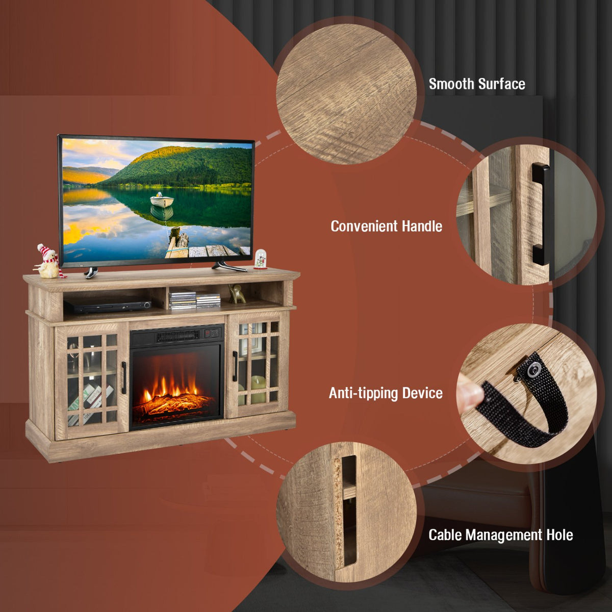 48 Inch Electric Fireplace TV Stand with Cabinets for TVs Up to 55 Inch-Natural view 6