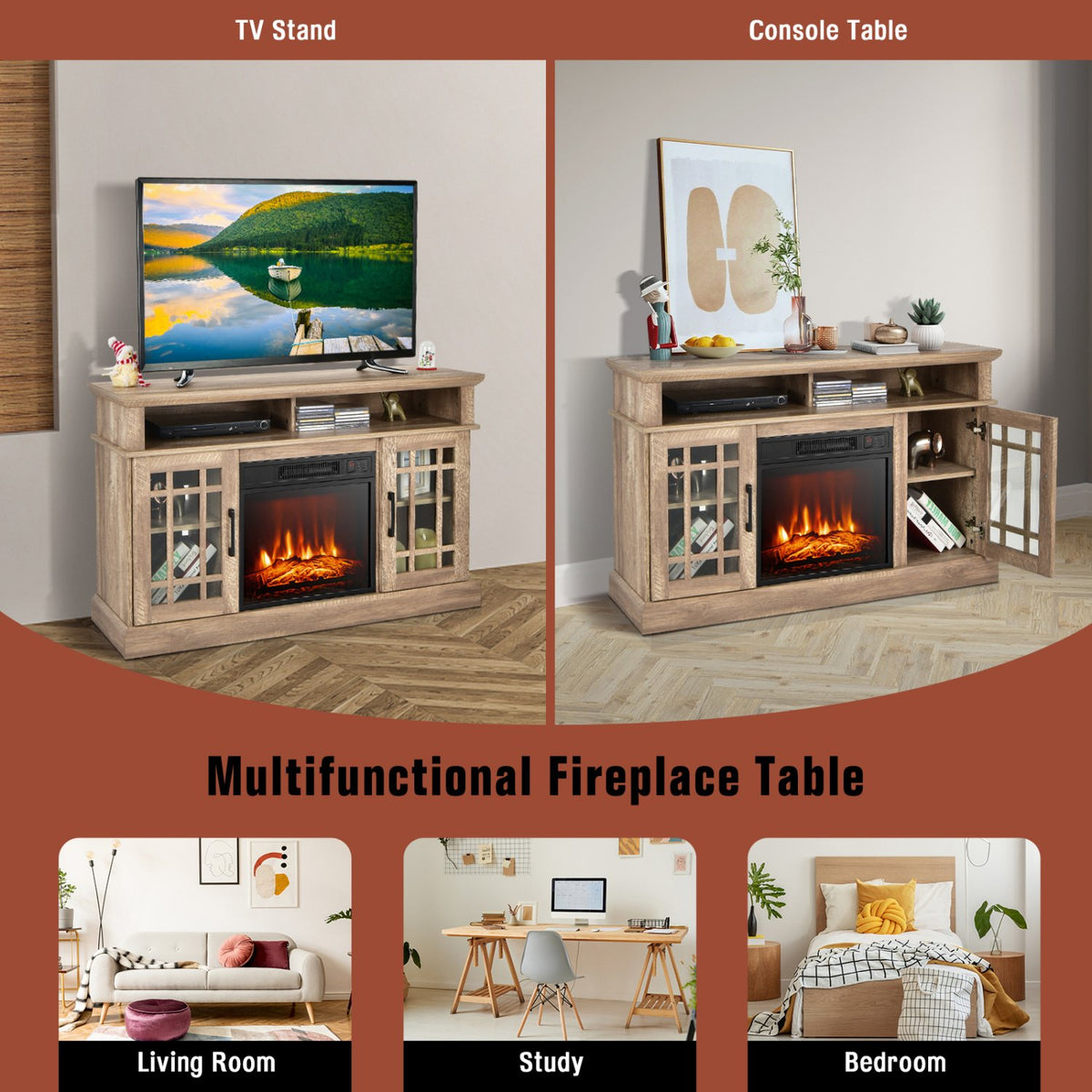 48 Inch Electric Fireplace TV Stand with Cabinets for TVs Up to 55 Inch-Natural view 9