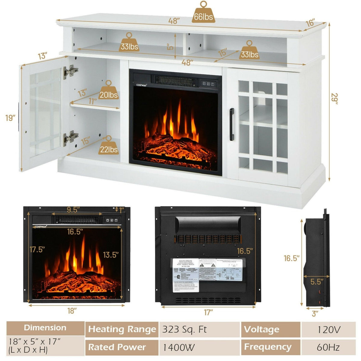 48 Inch Electric Fireplace TV Stand with Cabinets for TVs Up to 50 Inch-White view 5