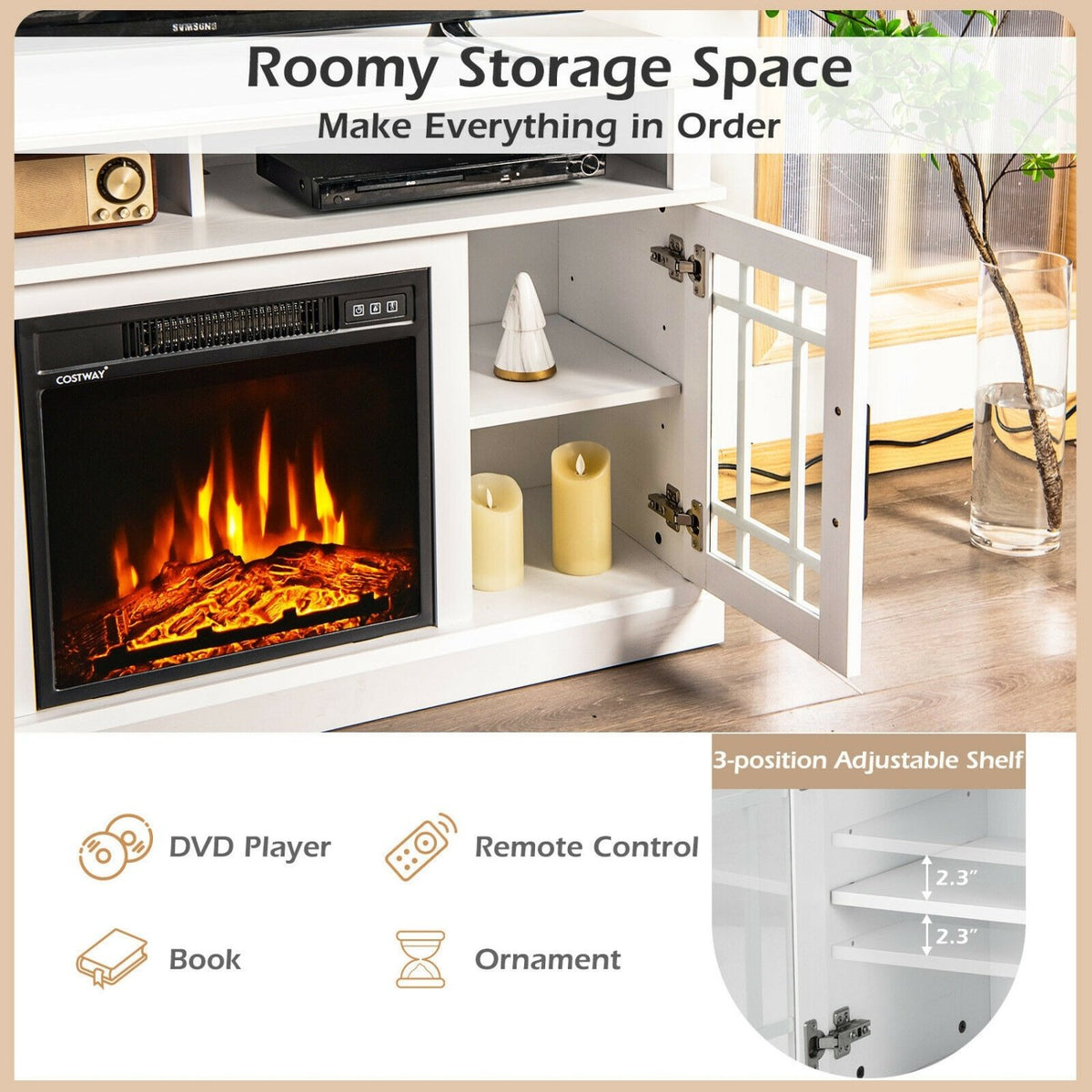 48 Inch Electric Fireplace TV Stand with Cabinets for TVs Up to 50 Inch-White view 6