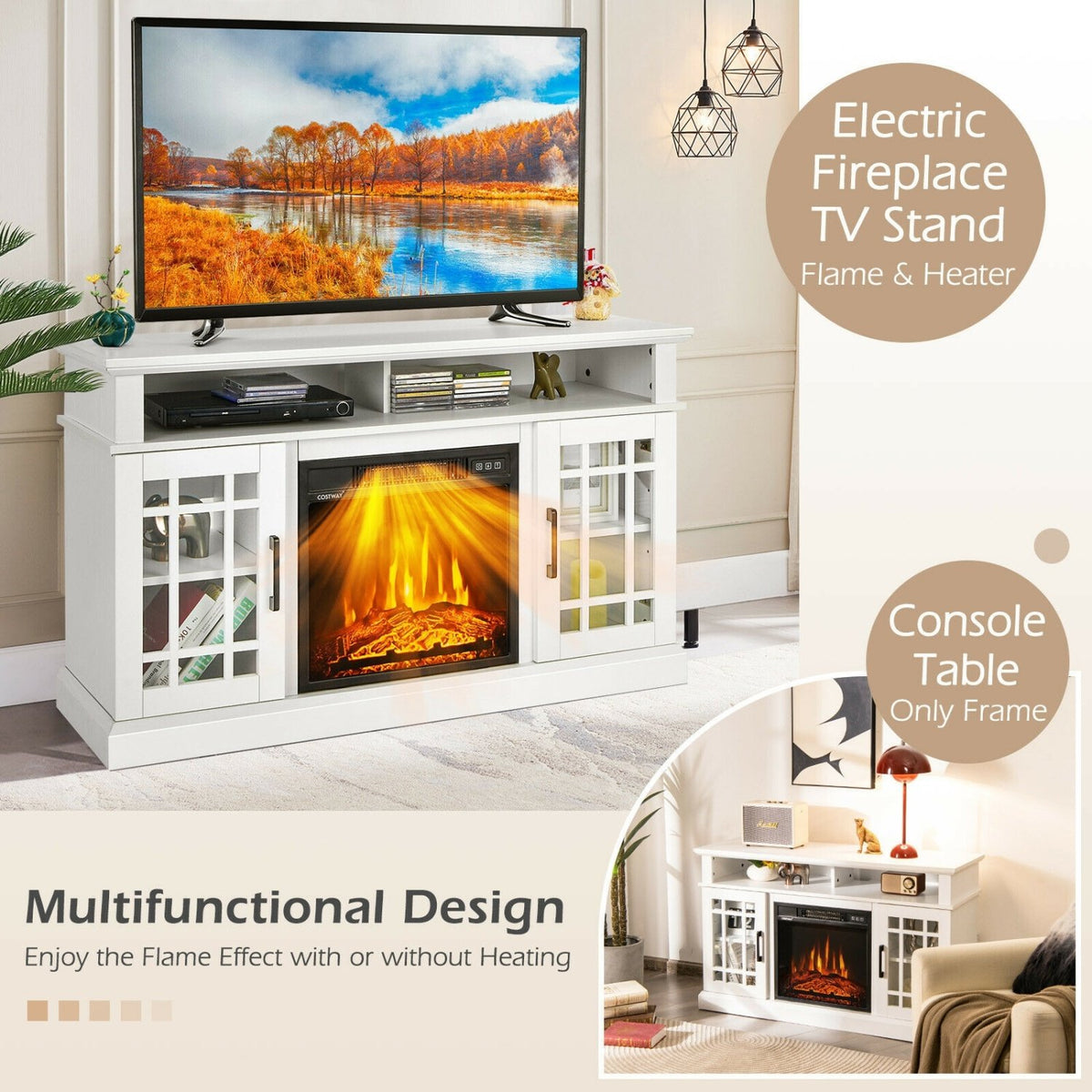 48 Inch Electric Fireplace TV Stand with Cabinets for TVs Up to 50 Inch-White view 7