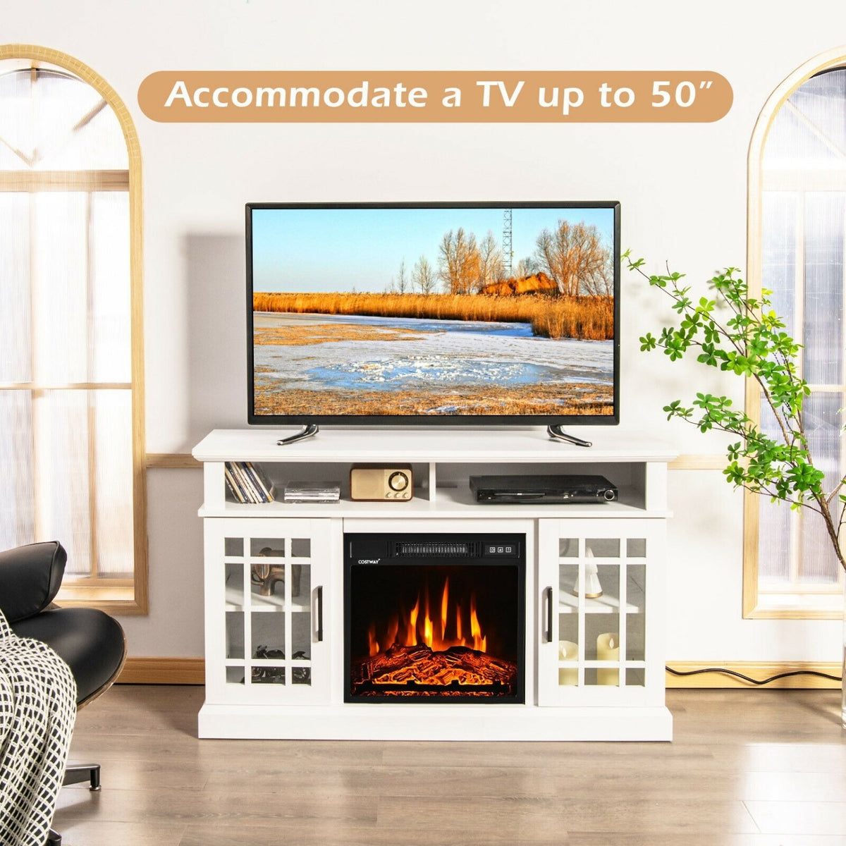 48 Inch Electric Fireplace TV Stand with Cabinets for TVs Up to 50 Inch-White view 8