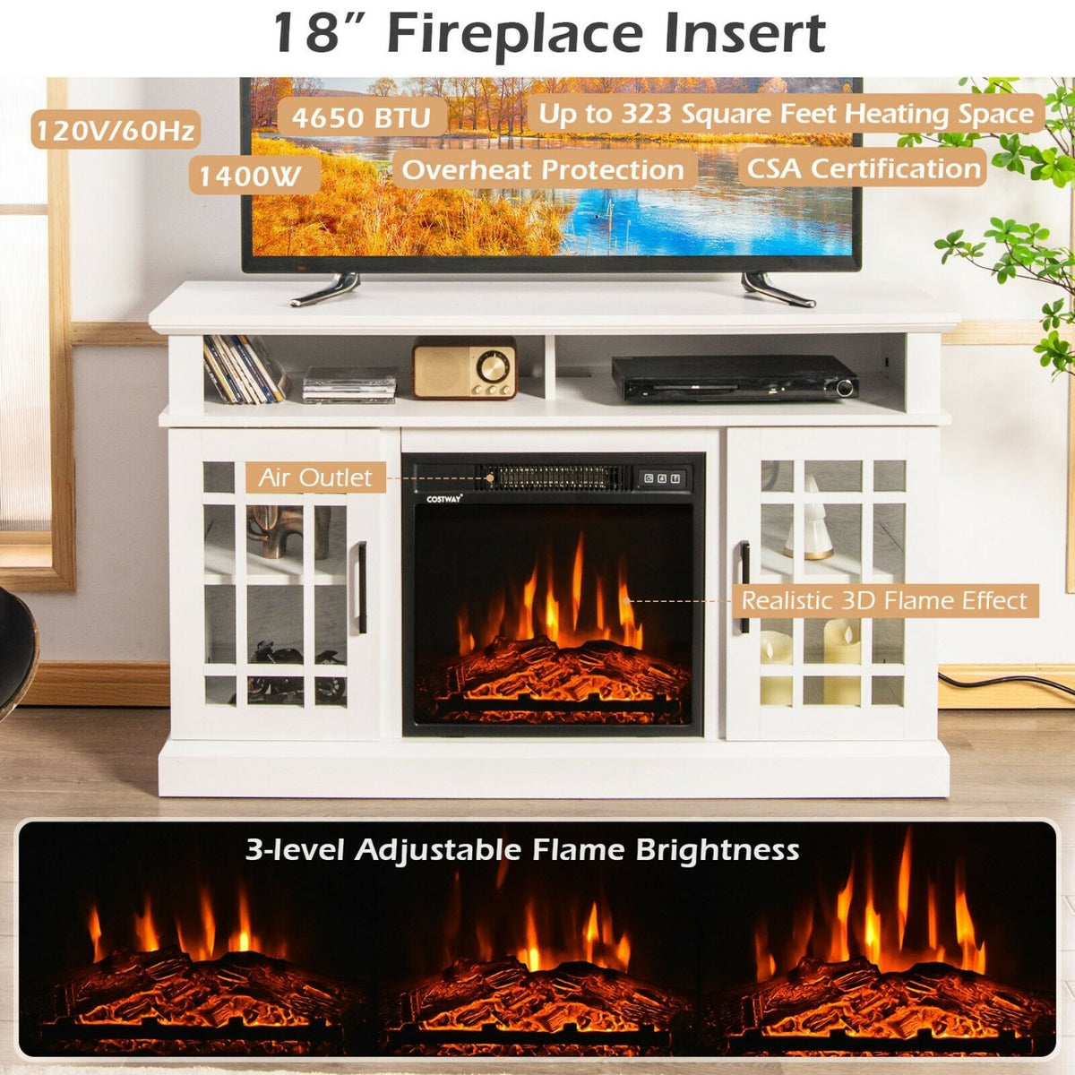 48 Inch Electric Fireplace TV Stand with Cabinets for TVs Up to 50 Inch-White view 9