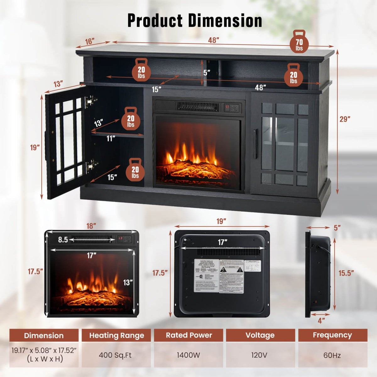 48 Inch Electric Fireplace TV Stand with Cabinets for TVs Up to 55 Inch-Black view 5