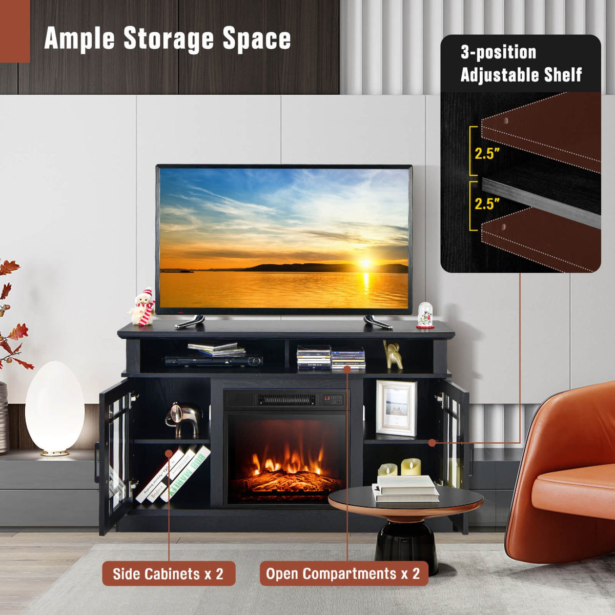 48 Inch Electric Fireplace TV Stand with Cabinets for TVs Up to 55 Inch-Black view 8