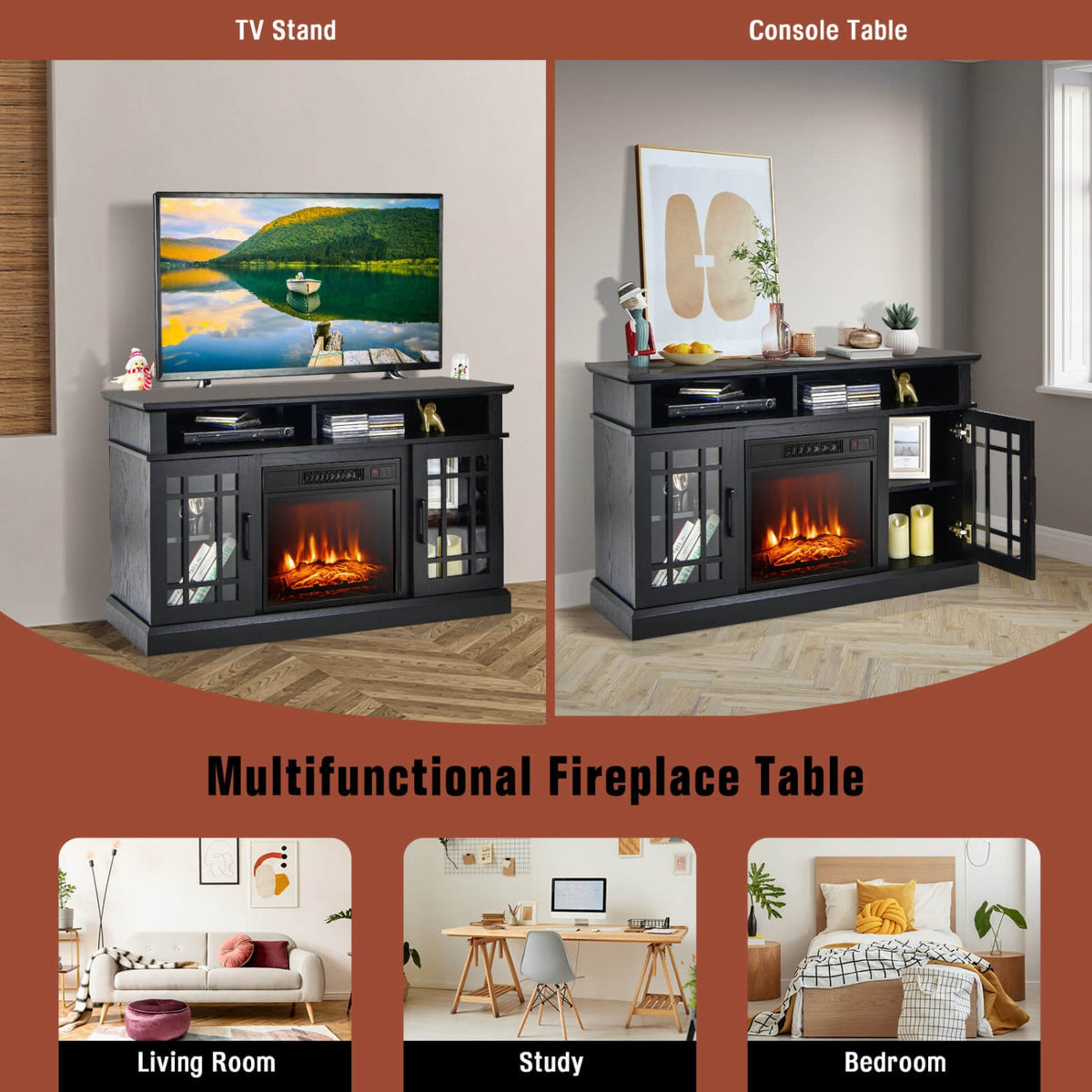 48 Inch Electric Fireplace TV Stand with Cabinets for TVs Up to 55 Inch-Black view 9