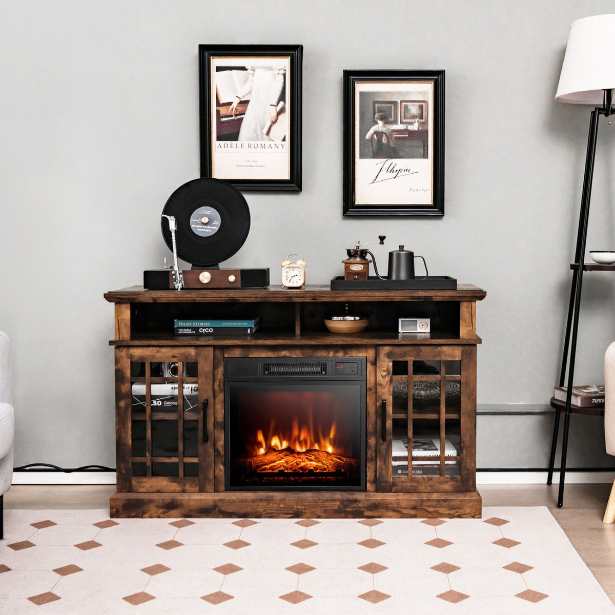 48 Inch Electric Fireplace TV Stand with Cabinets for TVs Up to 55 Inch-Brown view 3
