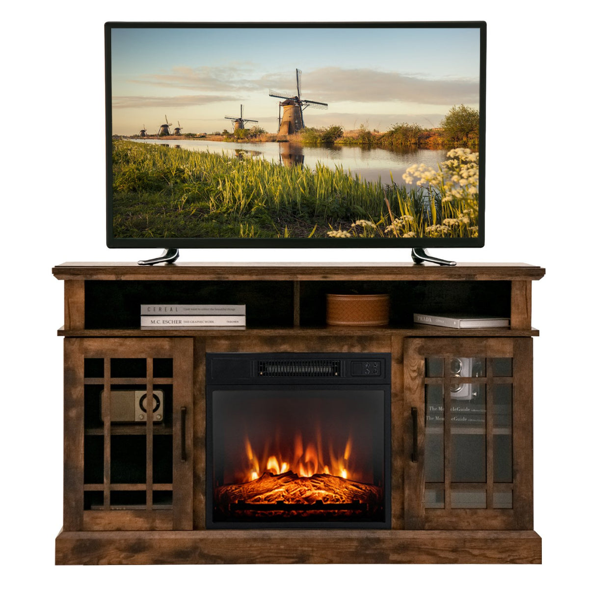 48 Inch Electric Fireplace TV Stand with Cabinets for TVs Up to 55 Inch-Brown view 4