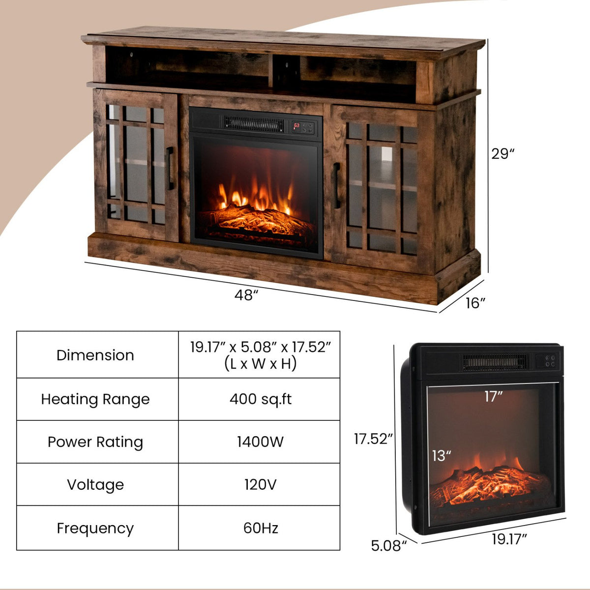 48 Inch Electric Fireplace TV Stand with Cabinets for TVs Up to 55 Inch-Brown view 5