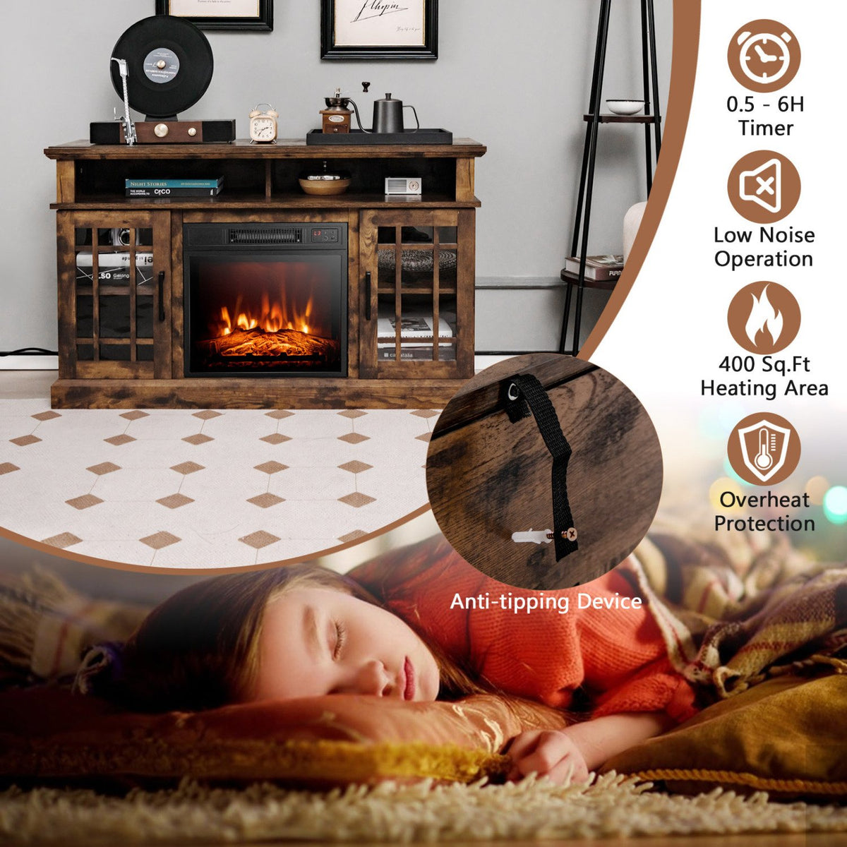 48 Inch Electric Fireplace TV Stand with Cabinets for TVs Up to 55 Inch-Brown view 8