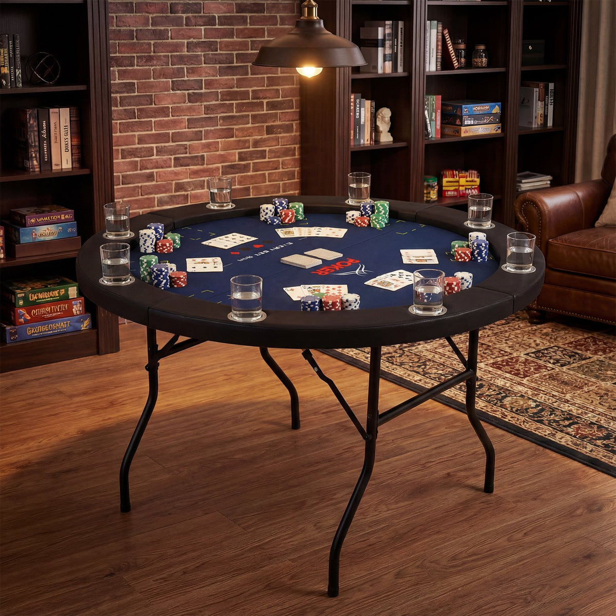 48 Inch Foldable Poker Table with 8 Cup Holders and Padded Edges-Blue view 2