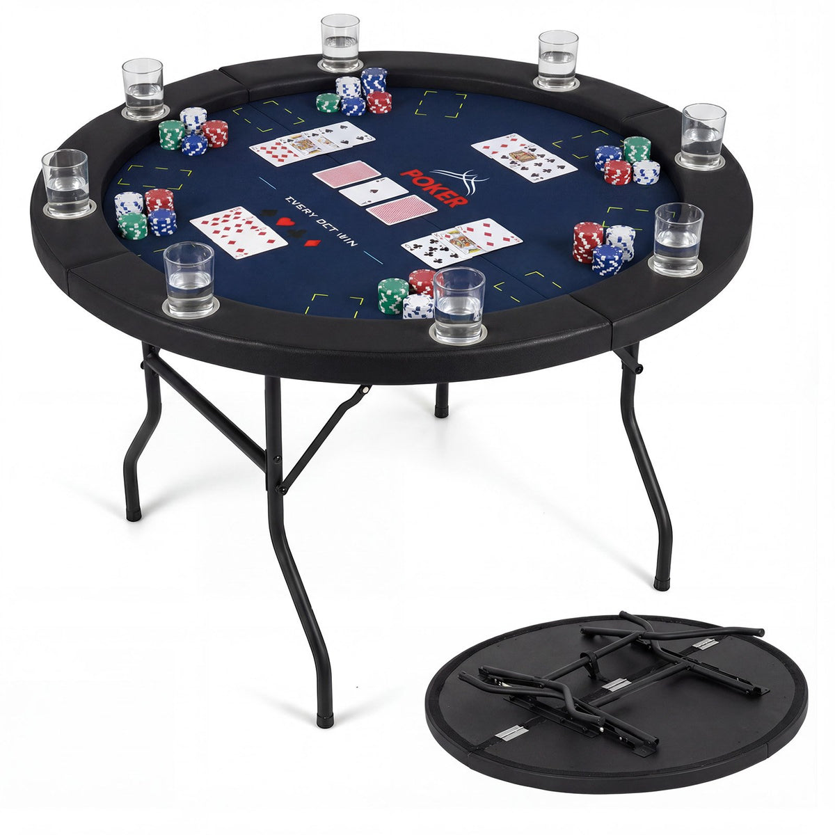 48 Inch Foldable Poker Table with 8 Cup Holders and Padded Edges-Blue view 4