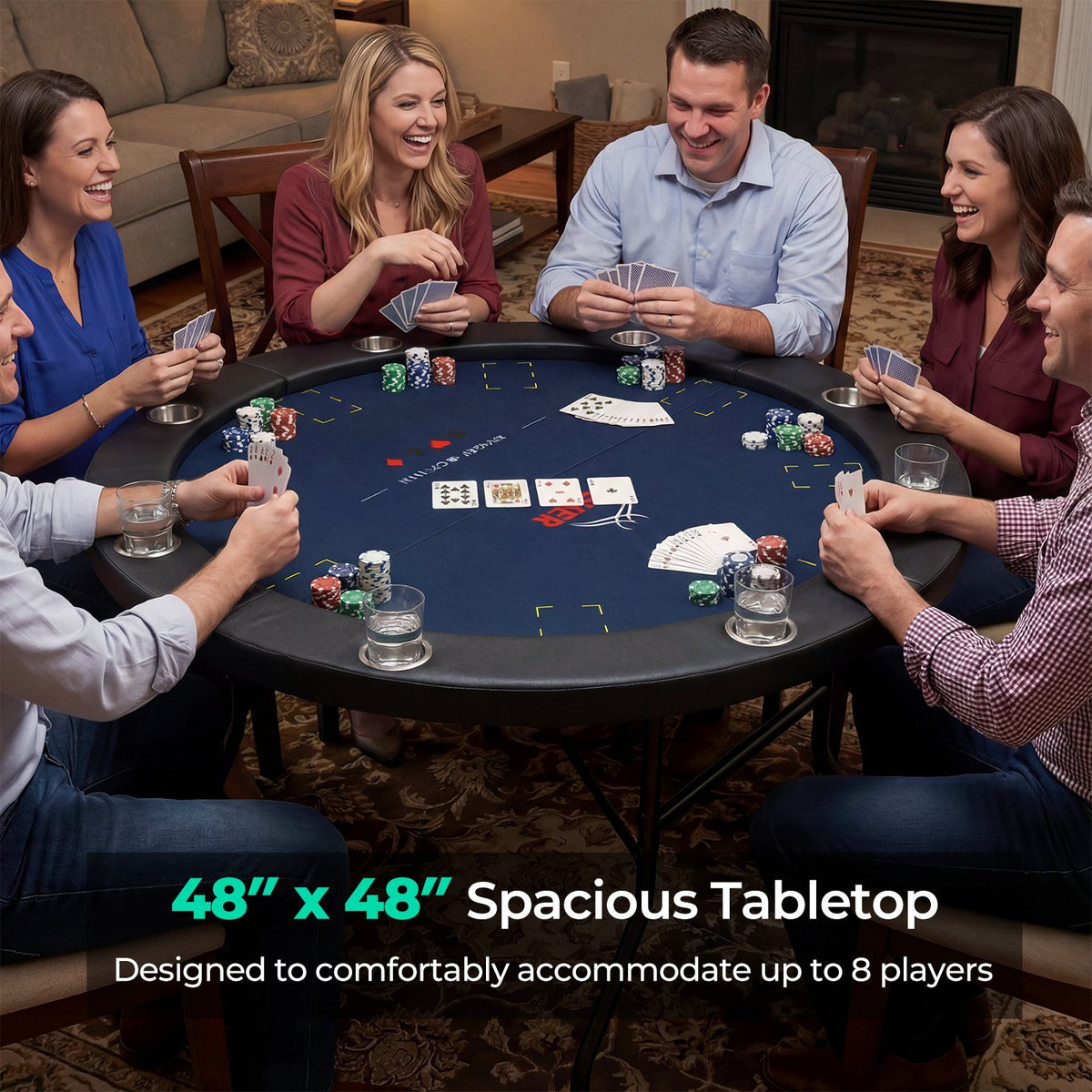 48 Inch Foldable Poker Table with 8 Cup Holders and Padded Edges-Blue view 6