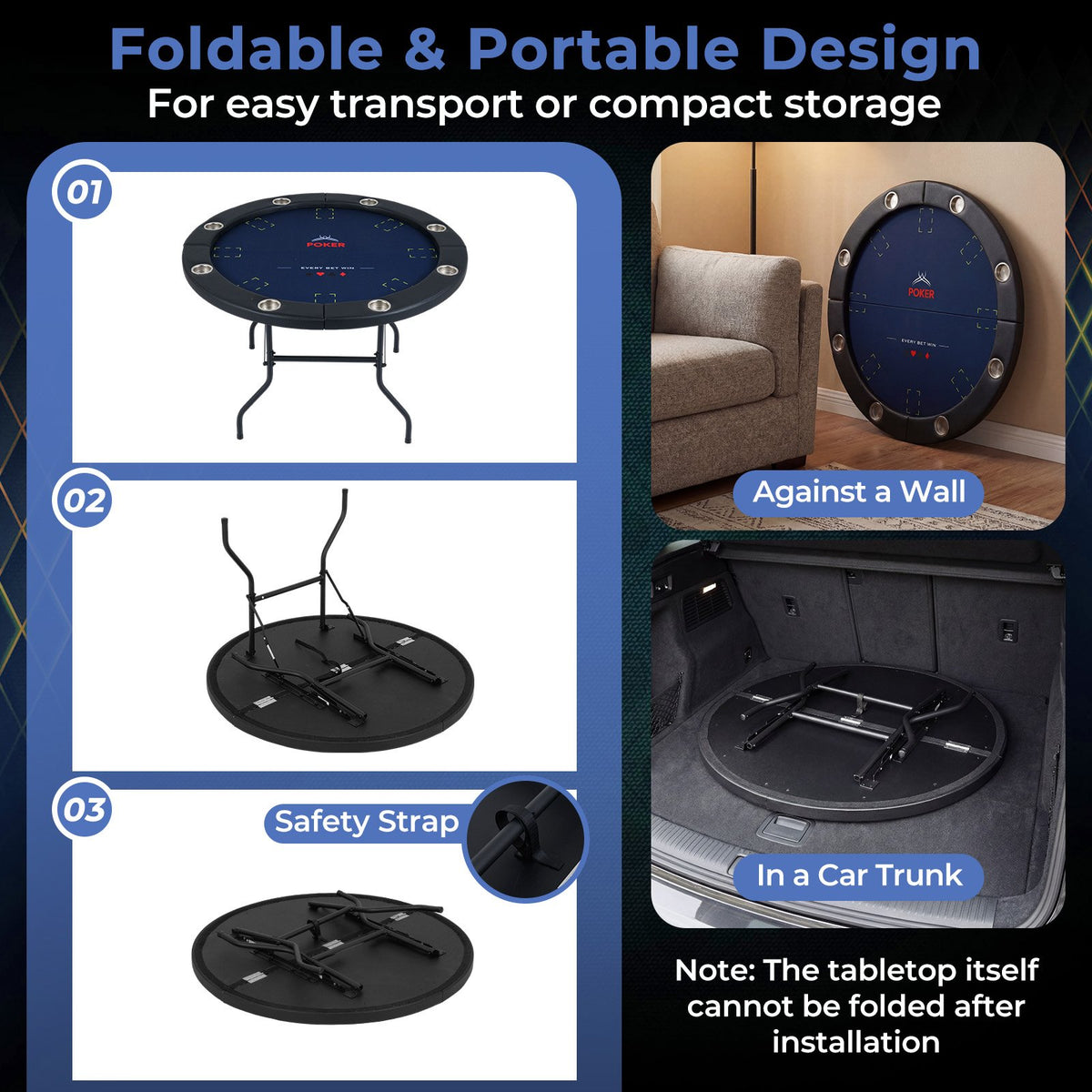48 Inch Foldable Poker Table with 8 Cup Holders and Padded Edges-Blue view 7