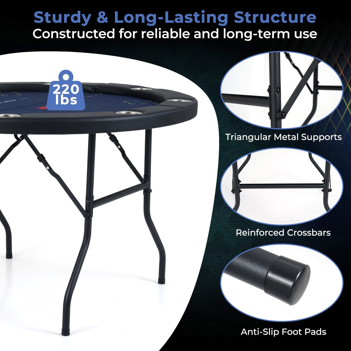 48 Inch Foldable Poker Table with 8 Cup Holders and Padded Edges-Blue view 8