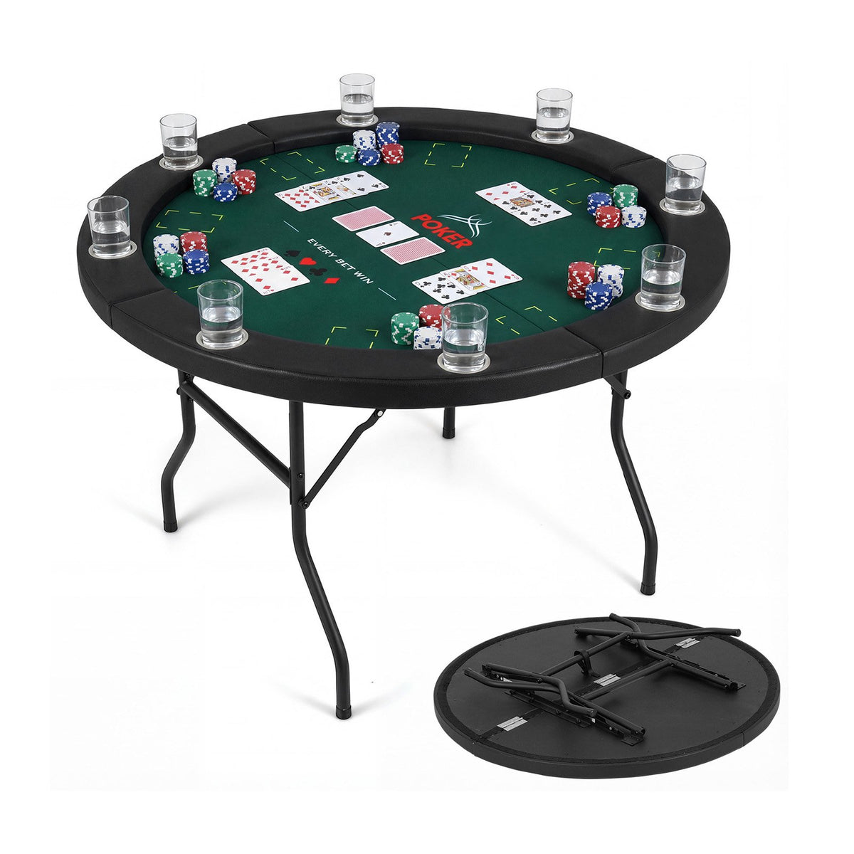48 Inch Foldable Poker Table with 8 Cup Holders and Padded Edges-Green