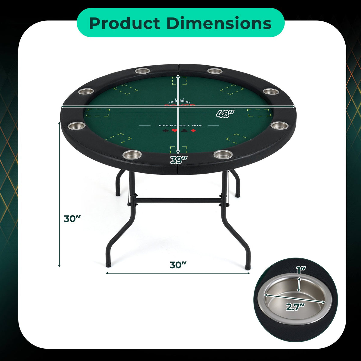 48 Inch Foldable Poker Table with 8 Cup Holders and Padded Edges-Green view 5