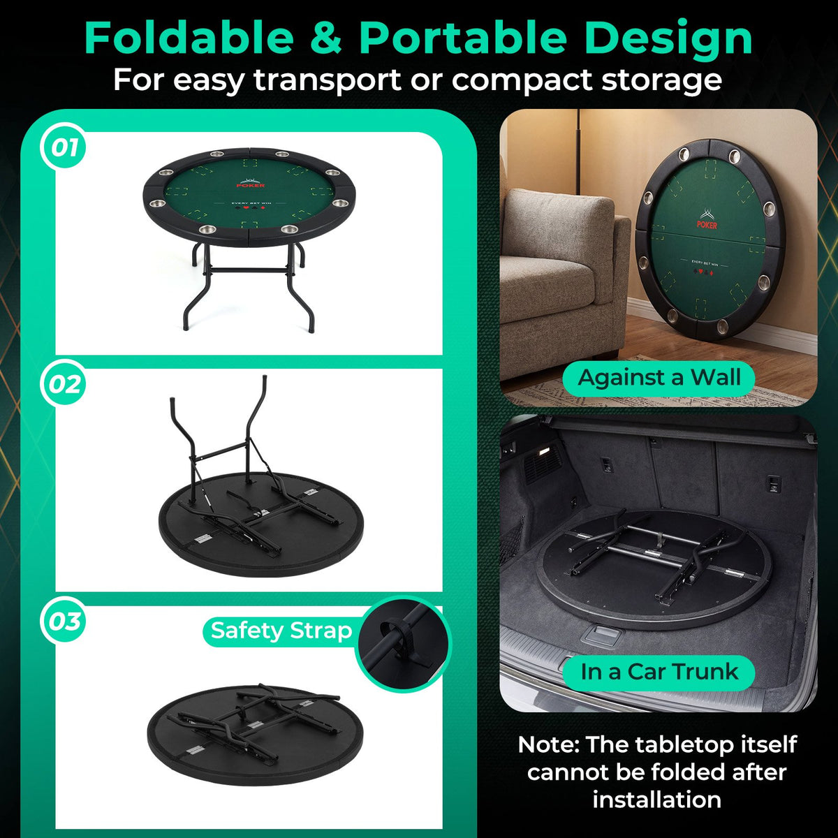 48 Inch Foldable Poker Table with 8 Cup Holders and Padded Edges-Green view 7