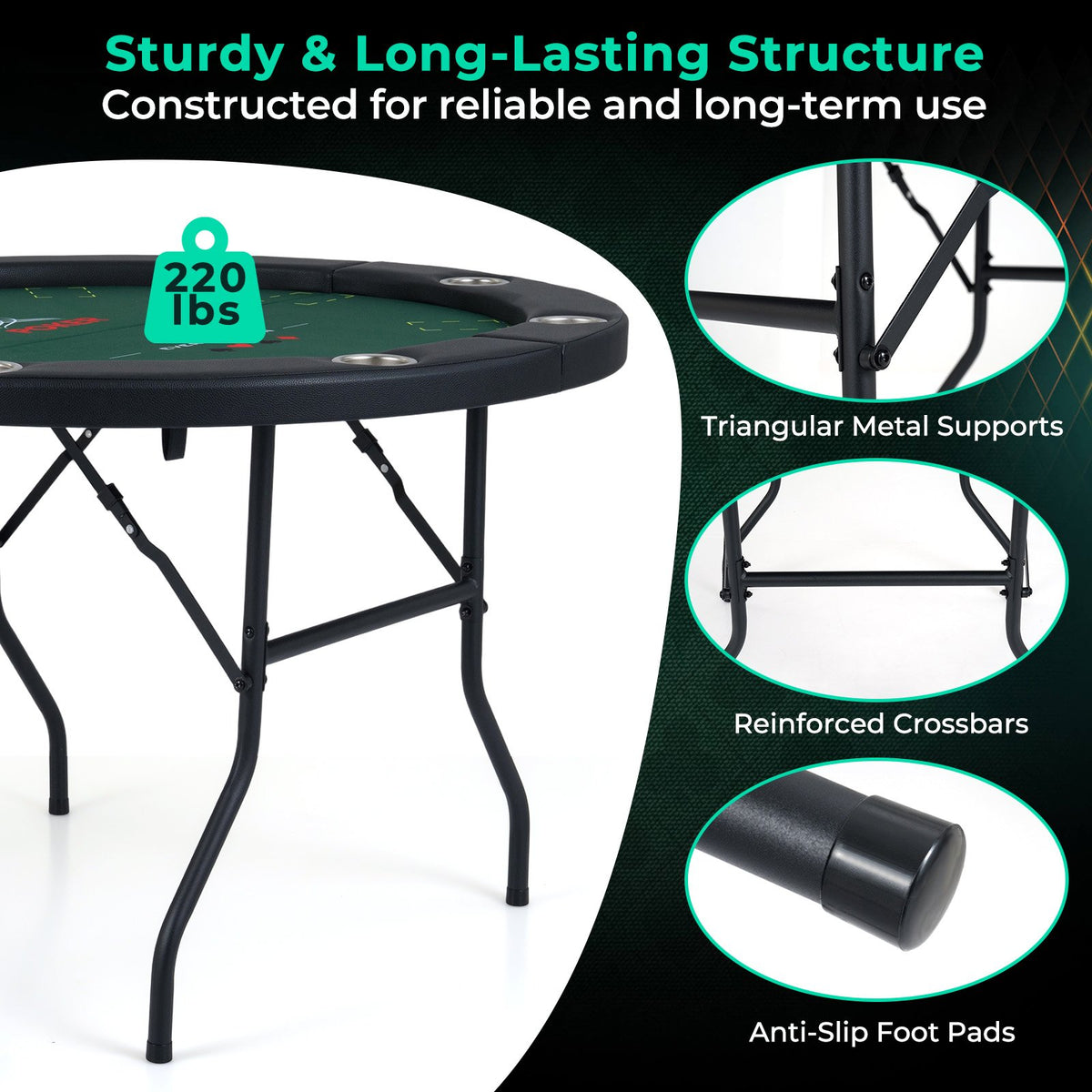 48 Inch Foldable Poker Table with 8 Cup Holders and Padded Edges-Green view 8