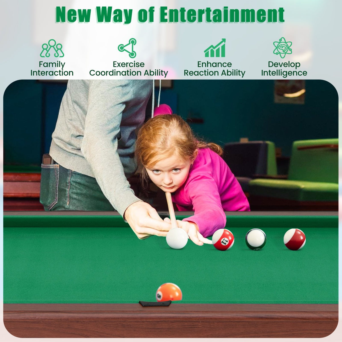 48 Inch, Pool Wooden Game Table with Full Set of Ballsfor Kids and Adults-Green view 7