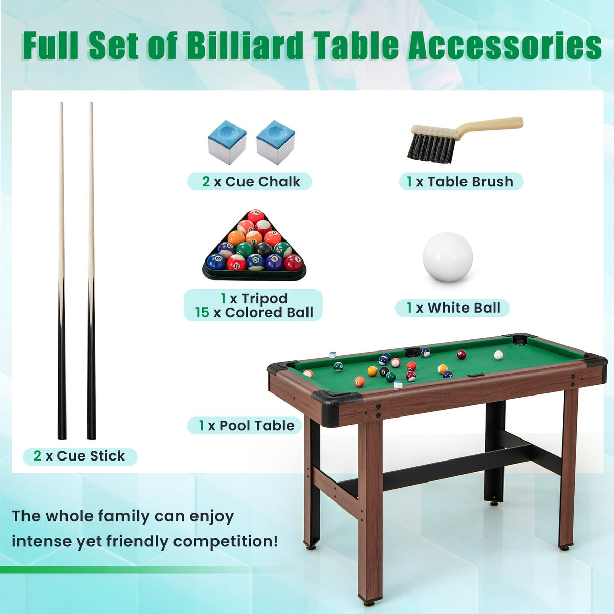 48 Inch, Pool Wooden Game Table with Full Set of Ballsfor Kids and Adults-Green view 8