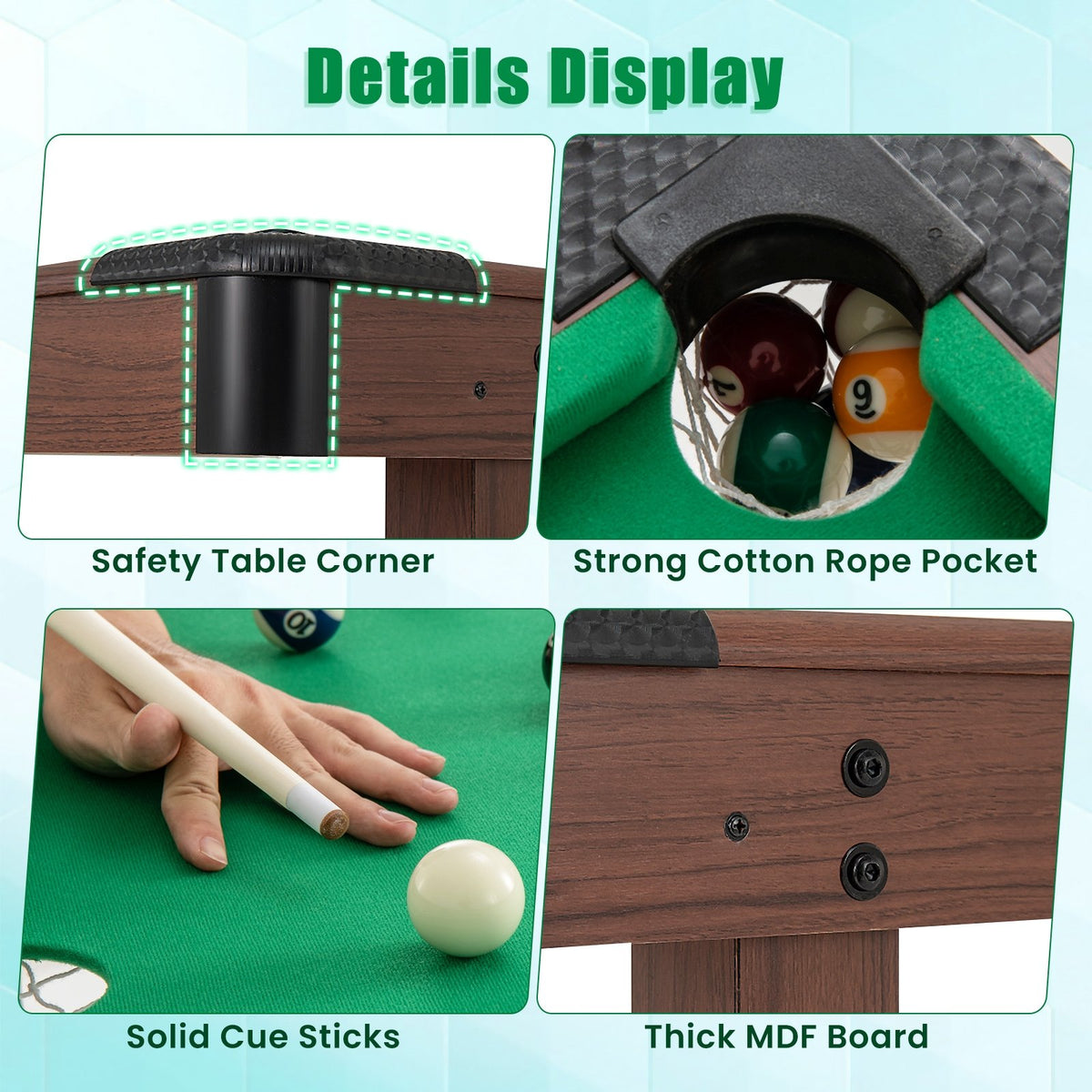 48 Inch, Pool Wooden Game Table with Full Set of Ballsfor Kids and Adults-Green view 9