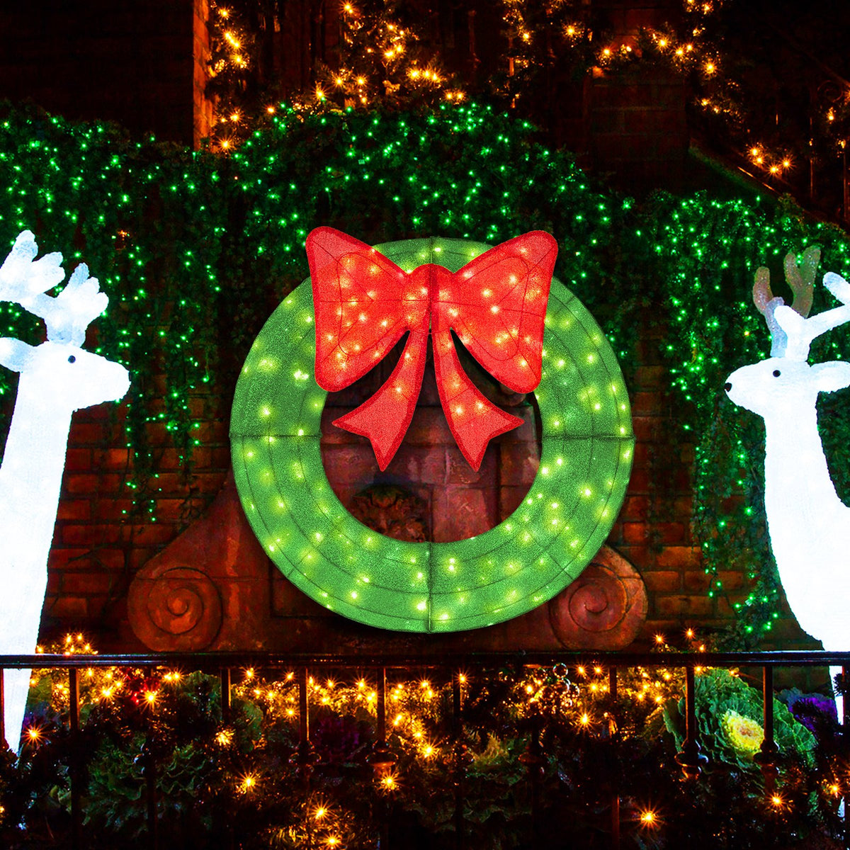 48 Inch Pre-Lit Lighted Christmas Mesh Wreath with Bow and 200 LED Bulbs-Green