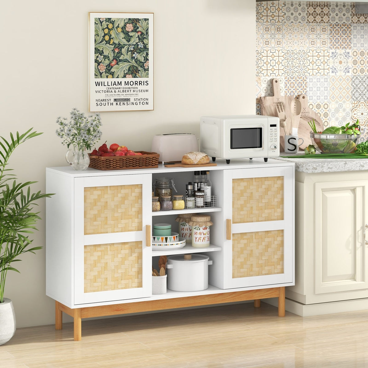 48 Inch Sideboard Buffet Cabinet Floor Storage Cabinet with 2 Bamboo Woven Doors-White view 2
