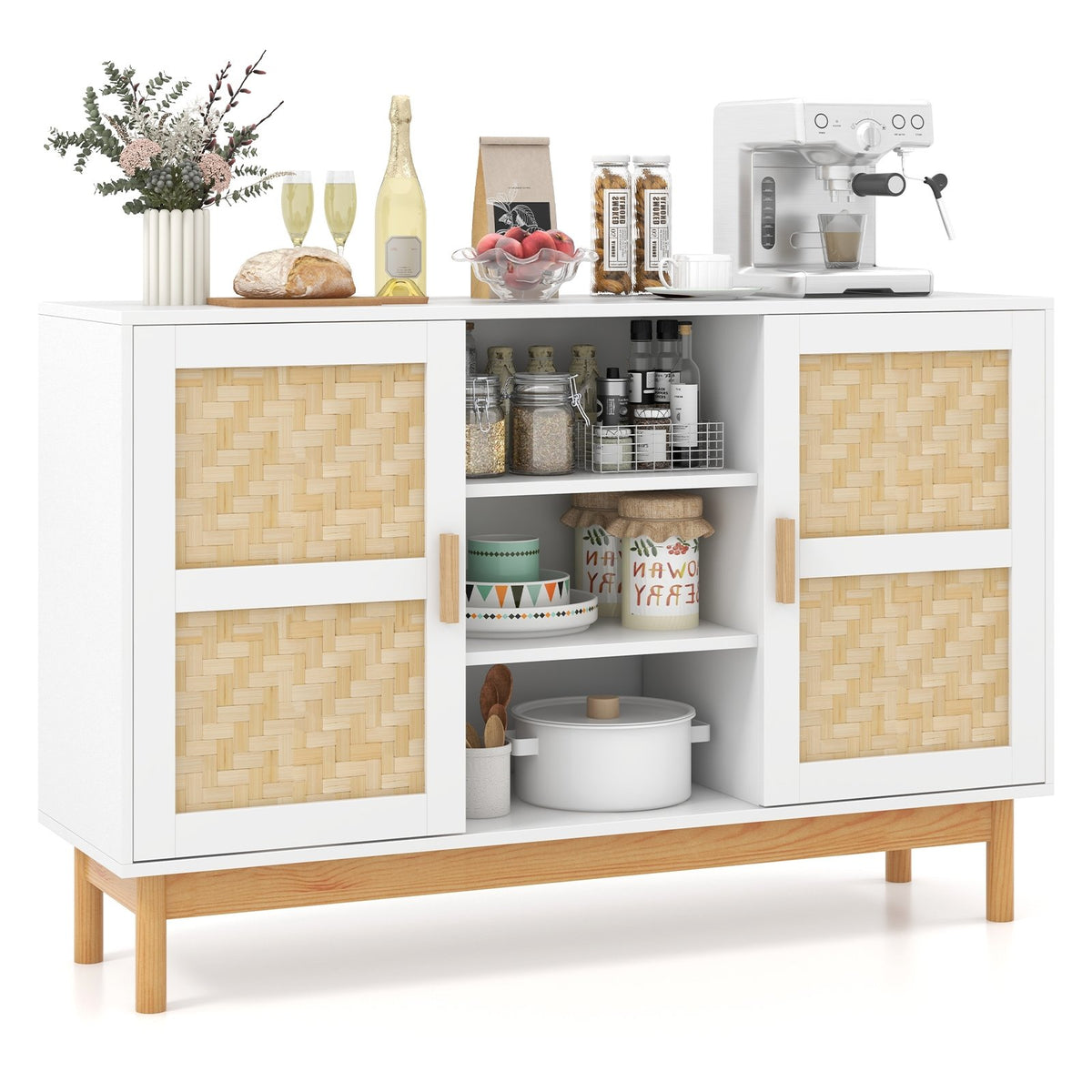 48 Inch Sideboard Buffet Cabinet Floor Storage Cabinet with 2 Bamboo Woven Doors-White view 4