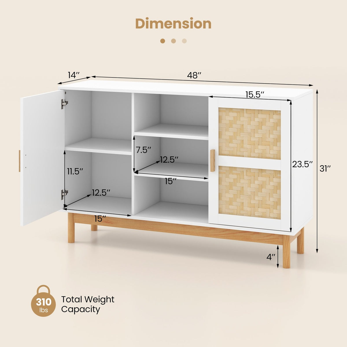 48 Inch Sideboard Buffet Cabinet Floor Storage Cabinet with 2 Bamboo Woven Doors-White view 5