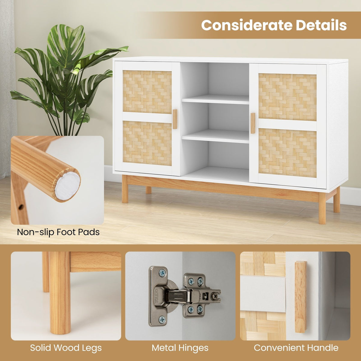 48 Inch Sideboard Buffet Cabinet Floor Storage Cabinet with 2 Bamboo Woven Doors-White view 7