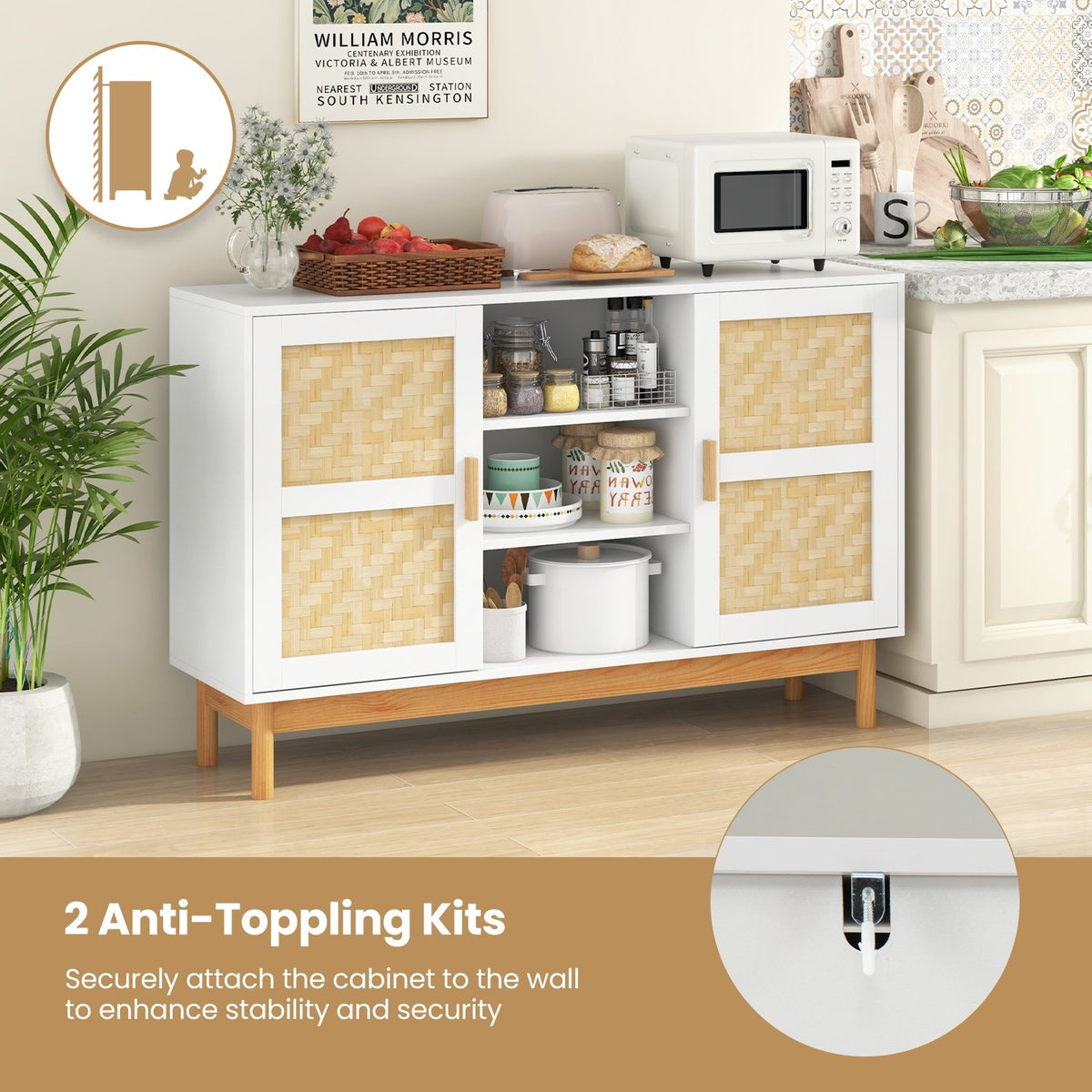 48 Inch Sideboard Buffet Cabinet Floor Storage Cabinet with 2 Bamboo Woven Doors-White view 9