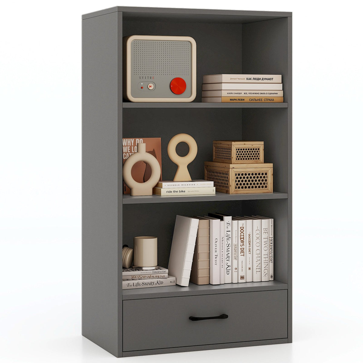 48 Inch Tall 4 Tiers Wood Bookcase with Drawer-Gray