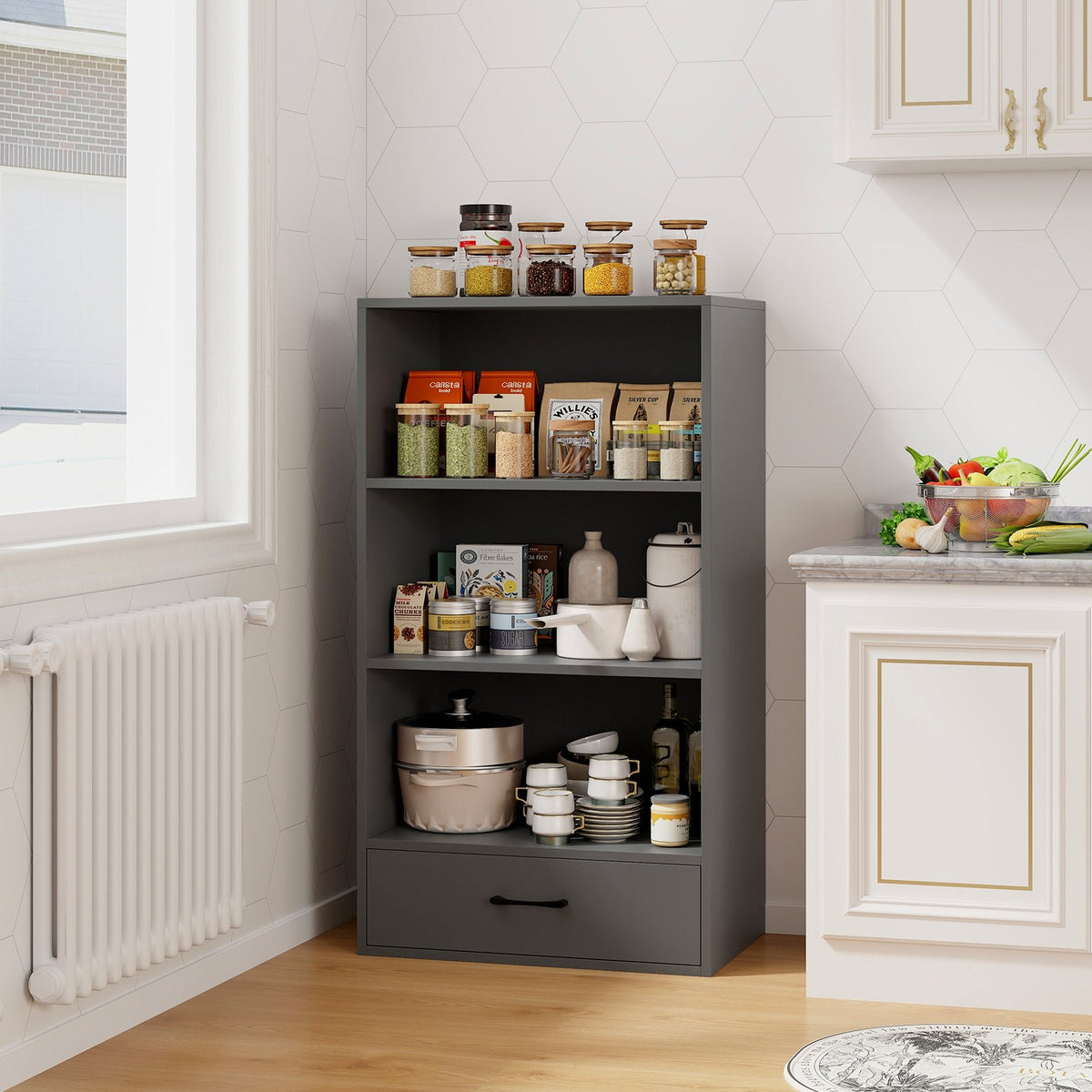 48 Inch Tall 4 Tiers Wood Bookcase with Drawer-Gray view 2
