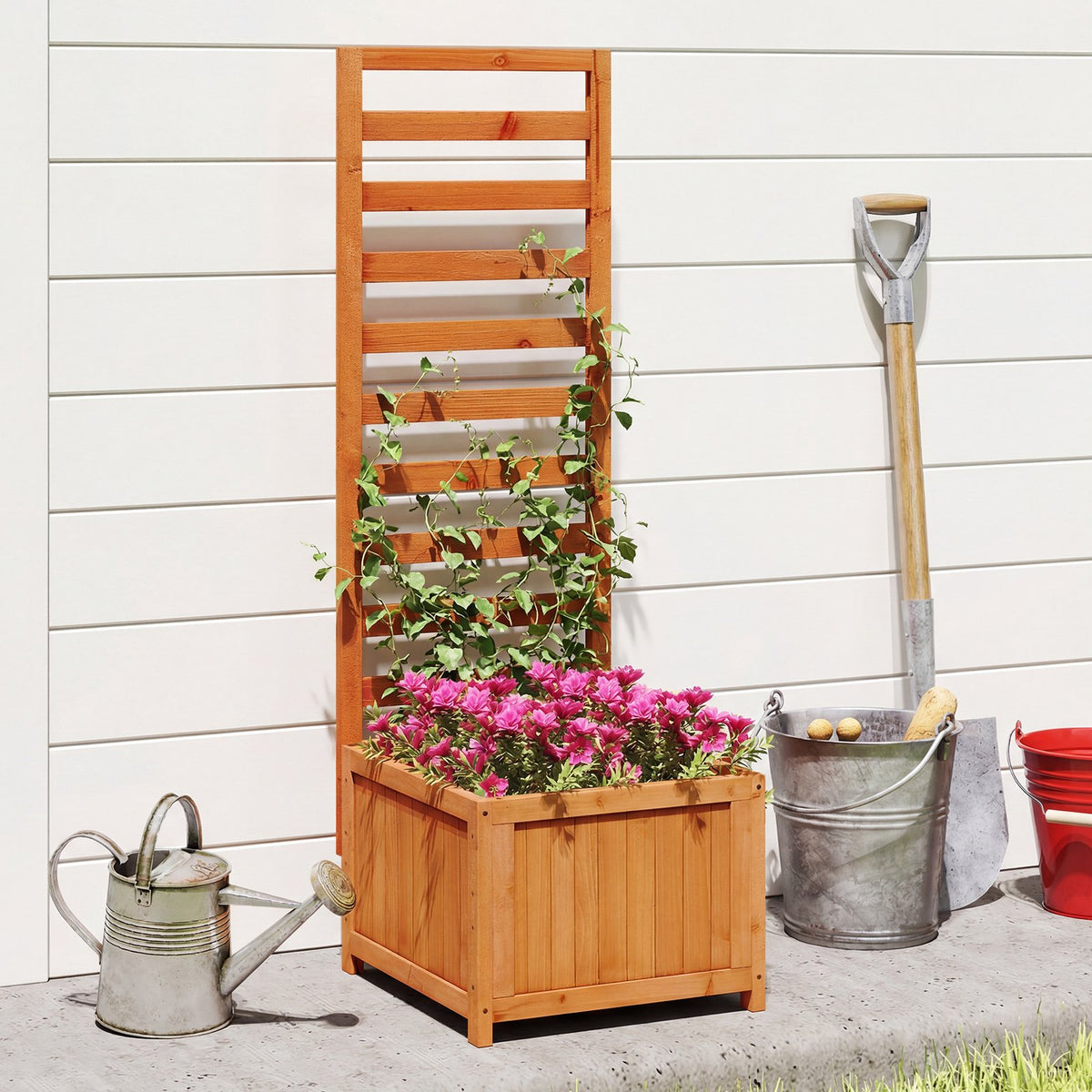 48 Inch Wood Raised Garden Bed with Trellis with Drainage Holes-Natural view 2