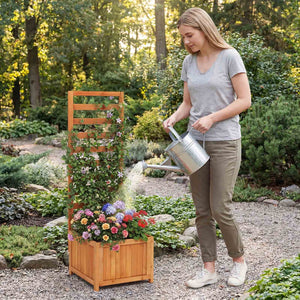 48 Inch Wood Raised Garden Bed with Trellis with Drainage Holes-Natural view 3