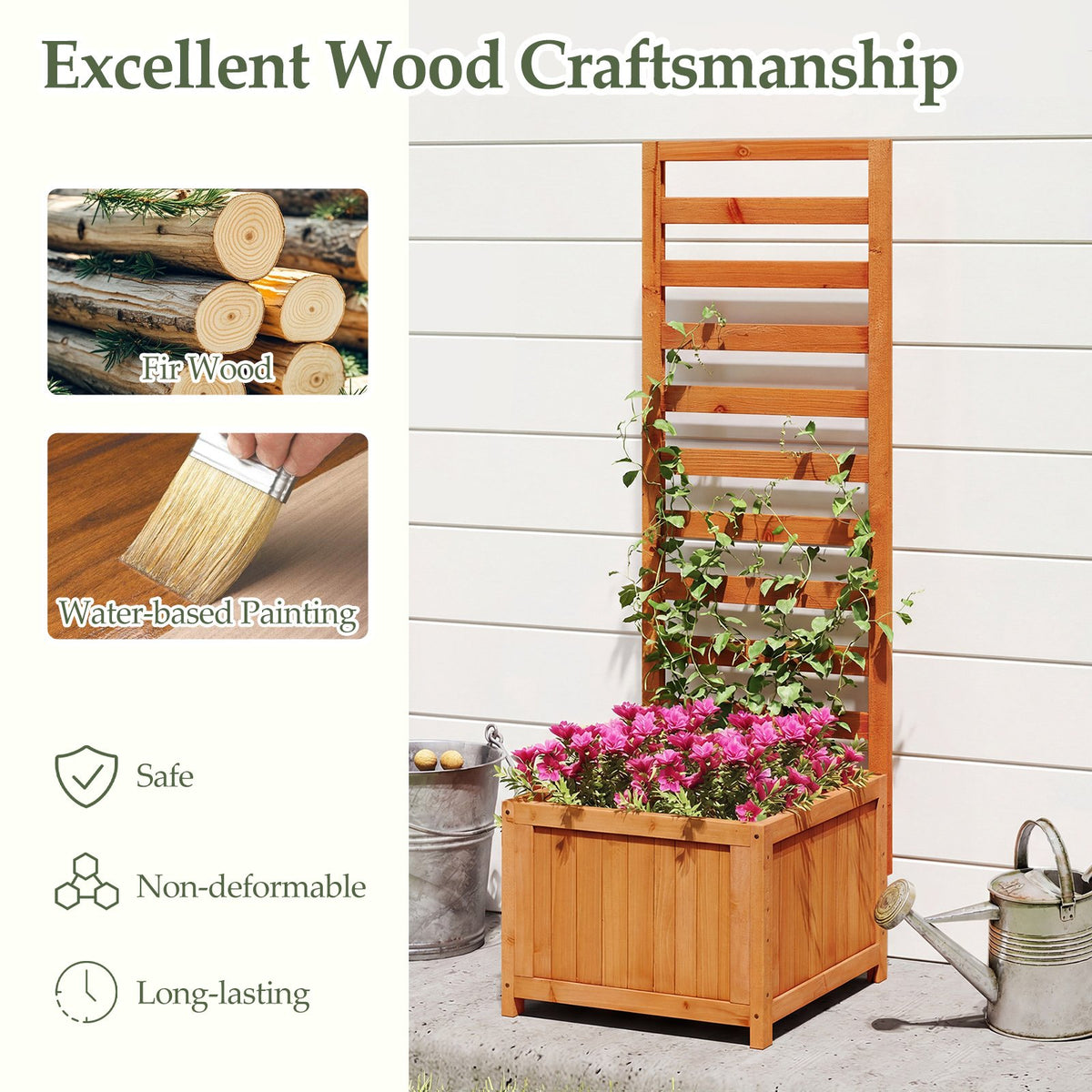 48 Inch Wood Raised Garden Bed with Trellis with Drainage Holes-Natural view 6