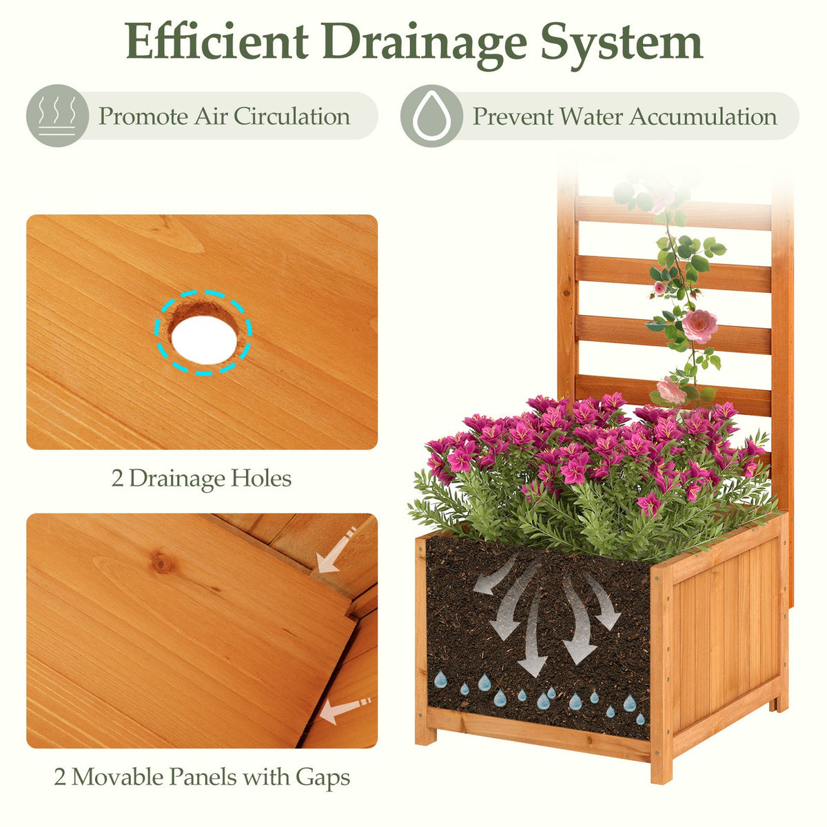 48 Inch Wood Raised Garden Bed with Trellis with Drainage Holes-Natural view 7