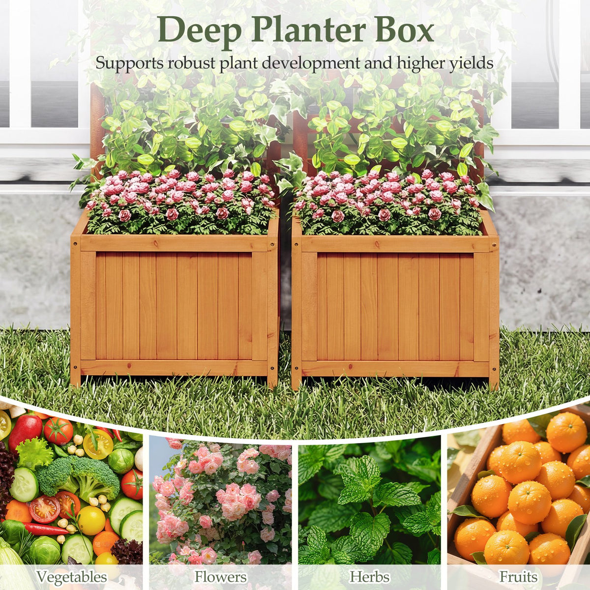48 Inch Wood Raised Garden Bed with Trellis with Drainage Holes-Natural view 8