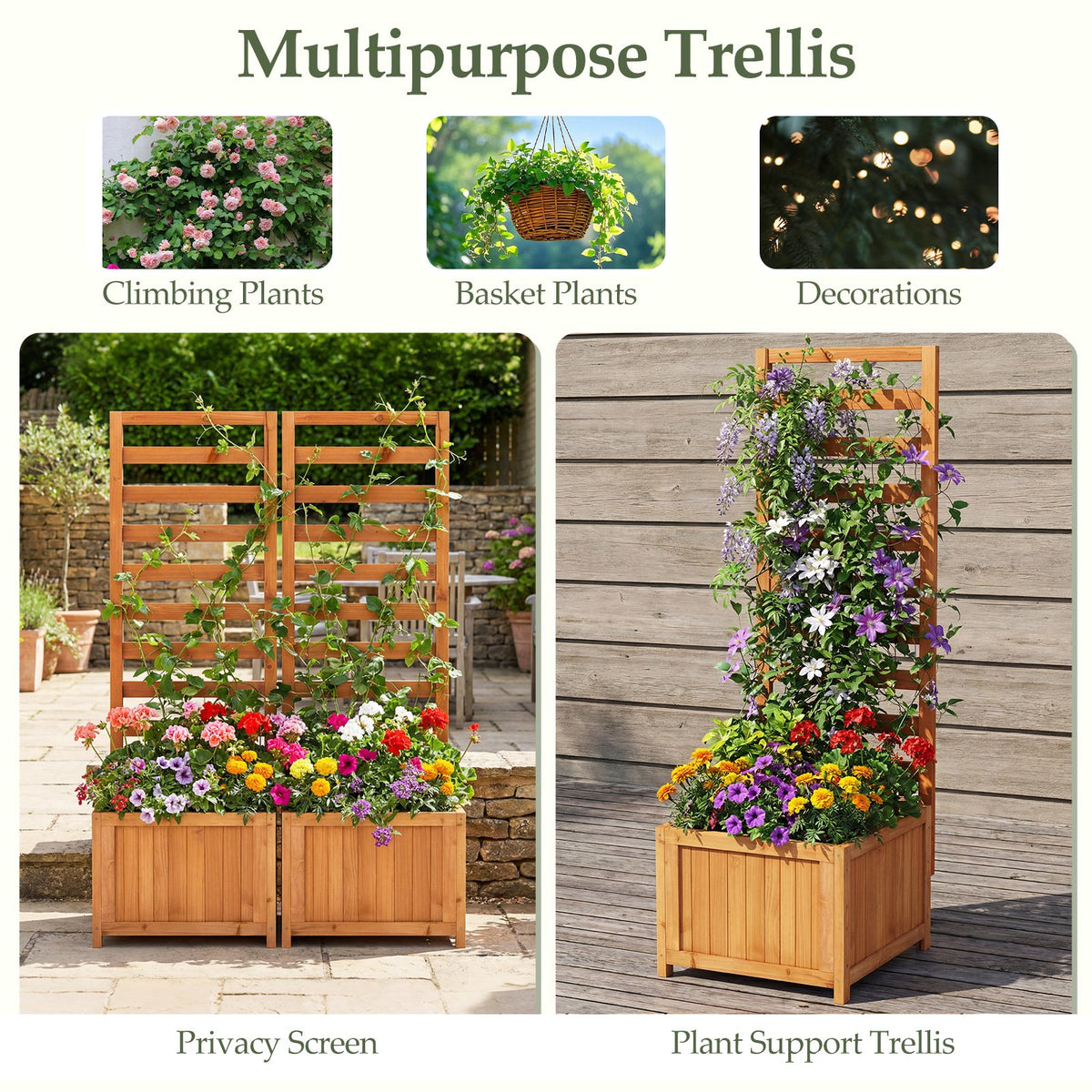 48 Inch Wood Raised Garden Bed with Trellis with Drainage Holes-Natural view 9