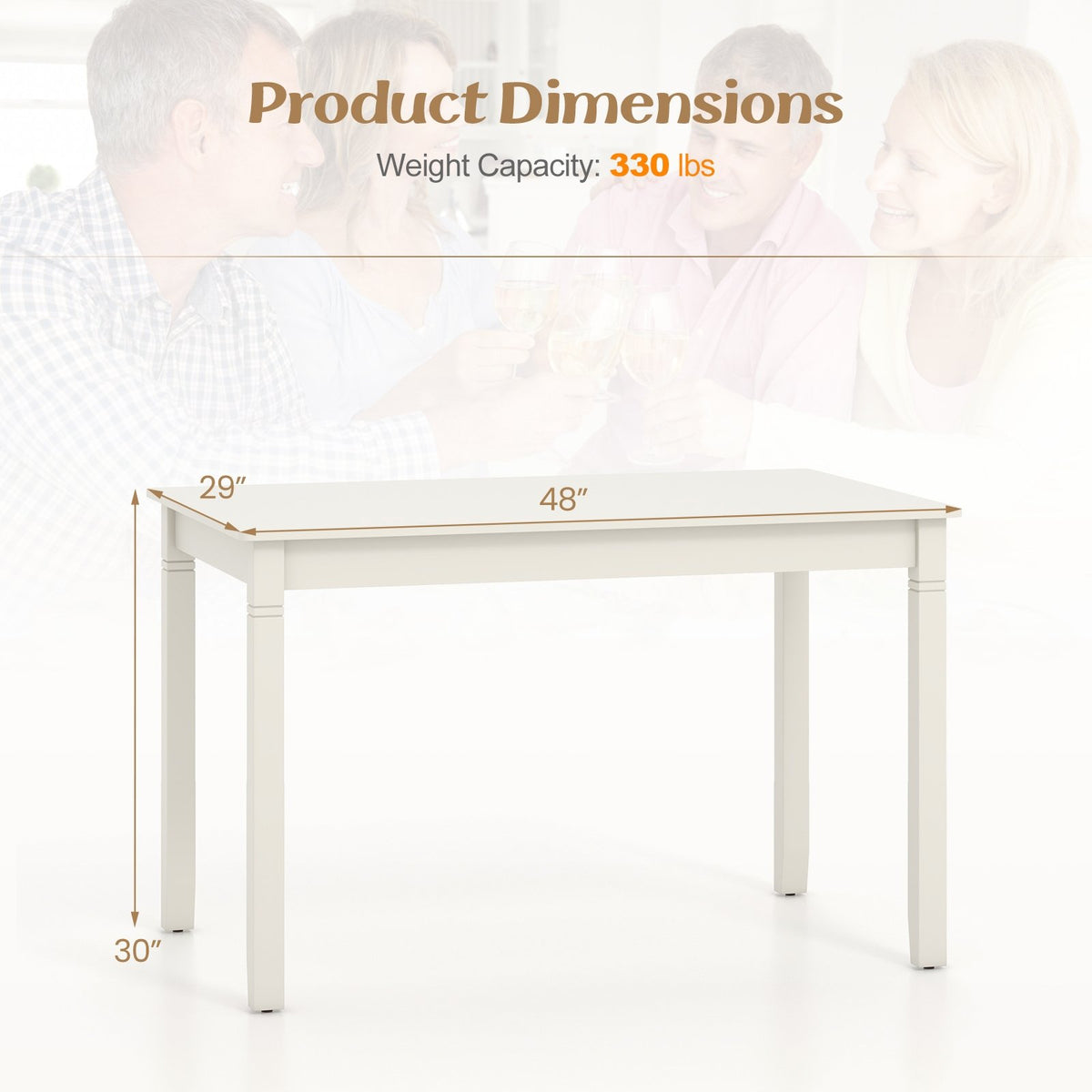 48-Inch Wooden Dining Table for 4 People Rectangular Kitchen Table with Rubber Wood Legs-Cream White view 4
