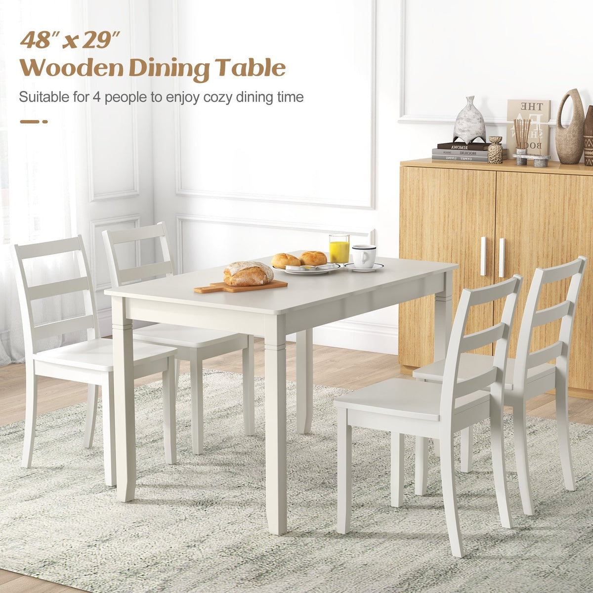 48-Inch Wooden Dining Table for 4 People Rectangular Kitchen Table with Rubber Wood Legs-Cream White view 6