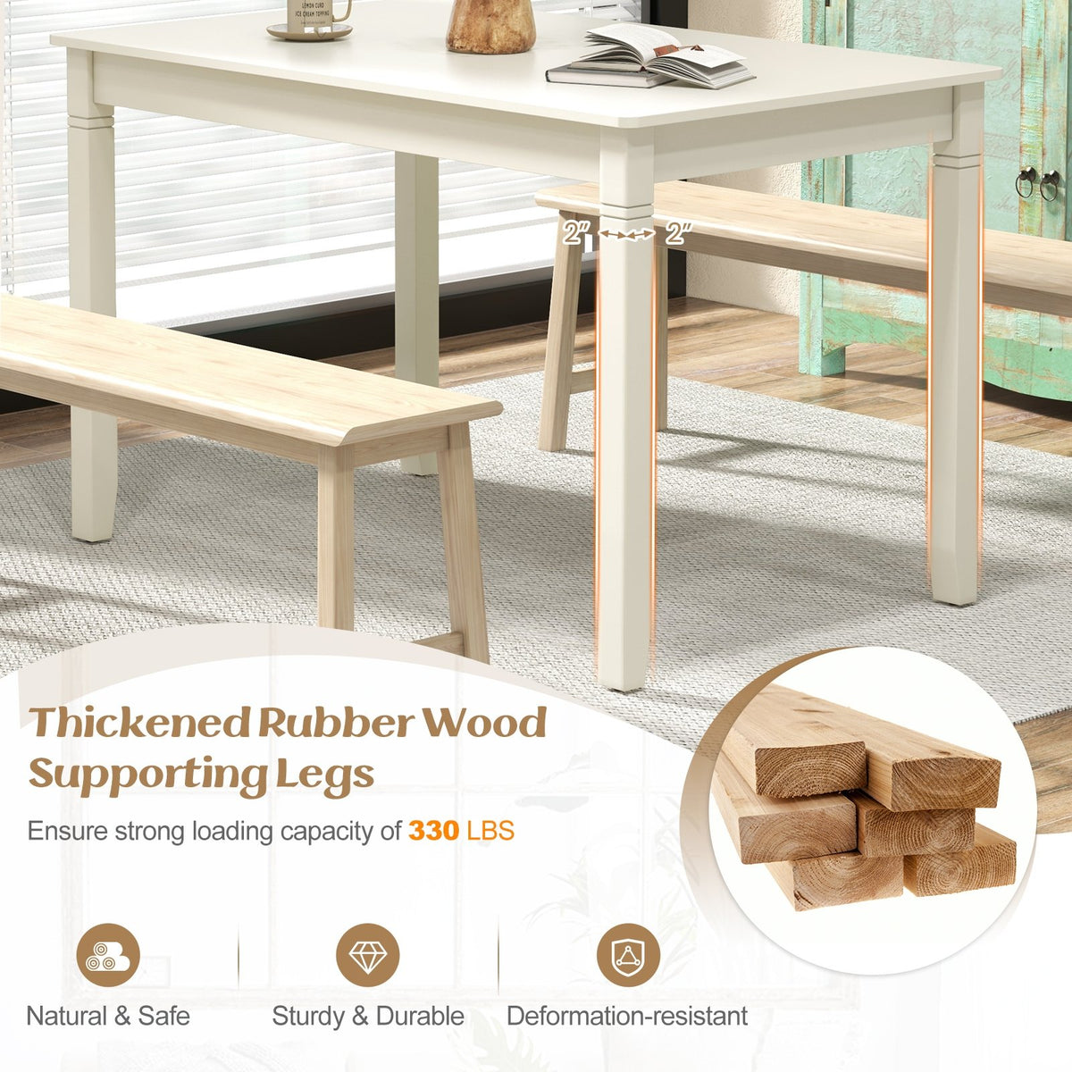 48-Inch Wooden Dining Table for 4 People Rectangular Kitchen Table with Rubber Wood Legs-Cream White view 7