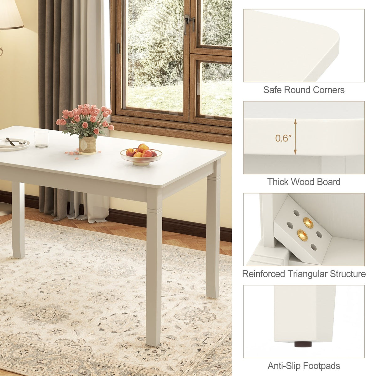 48-Inch Wooden Dining Table for 4 People Rectangular Kitchen Table with Rubber Wood Legs-Cream White view 9