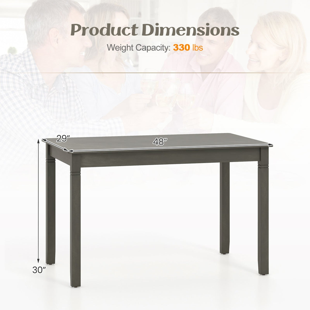 48-Inch Wooden Dining Table for 4 People Rectangular Kitchen Table with Rubber Wood Legs-Gray view 4