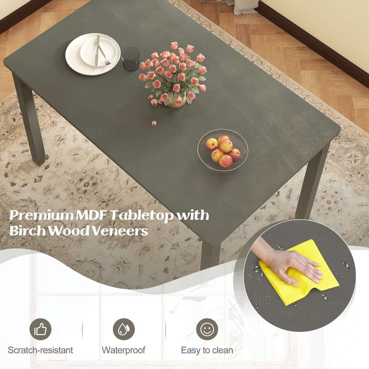 48-Inch Wooden Dining Table for 4 People Rectangular Kitchen Table with Rubber Wood Legs-Gray view 7