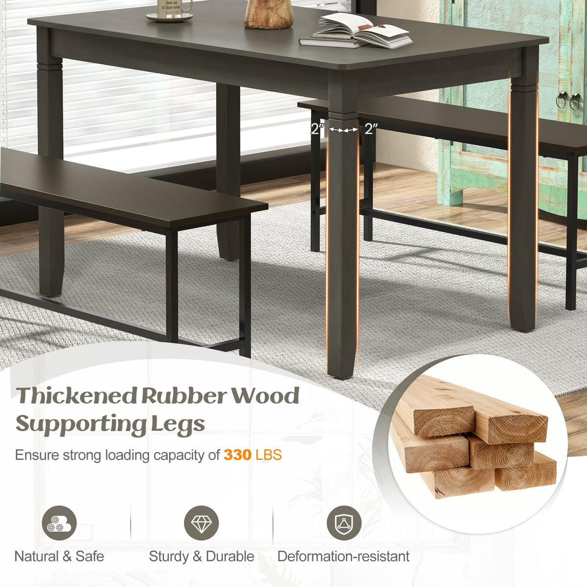 48-Inch Wooden Dining Table for 4 People Rectangular Kitchen Table with Rubber Wood Legs-Gray view 8