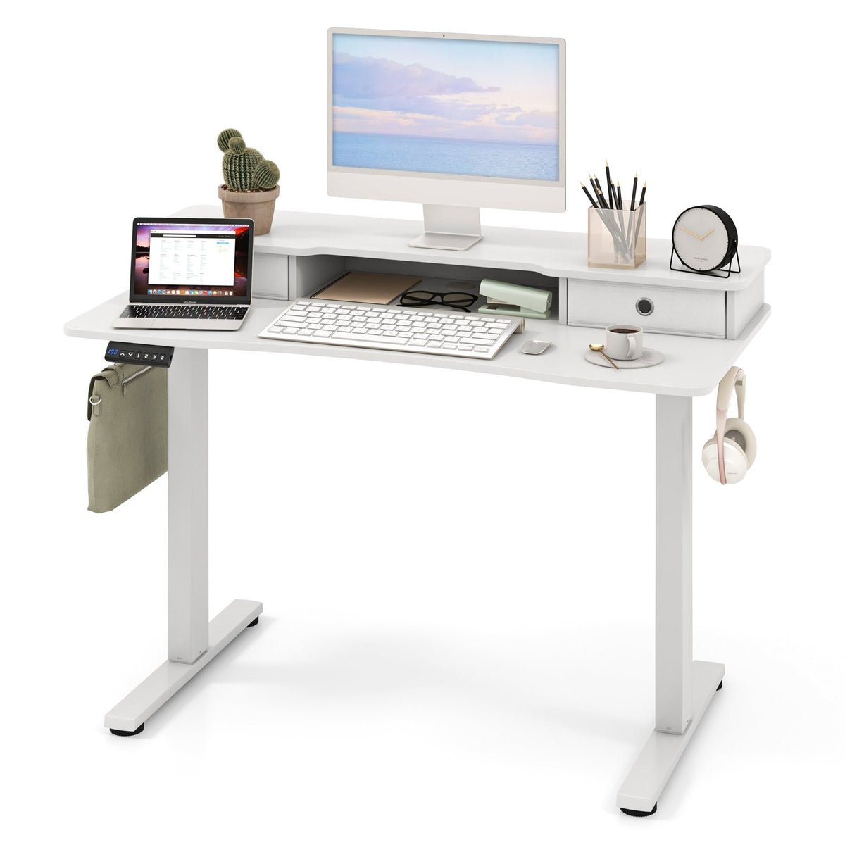 48 Inch x 24 Inch Height Adjustable Electric Standing Desk with 2 Drawers-White